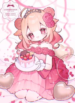 1girl :d artist_name bare_shoulders blonde_hair blunt_bangs blush cake commentary commission double-parted_bangs dress flower food fruit full_body gloves hair_flower hair_ornament highres holding holding_plate long_hair off-shoulder_dress off_shoulder open_mouth original plate red_dress red_eyes red_flower short_sleeves sitting smile solo strawberry symbol-only_commentary upa_papa_co watermark white_gloves