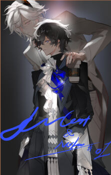 2boys ascot black_coat black_hair black_jacket blue_eyes coat cowboy_shot cup english_text formal_clothes hair_between_eyes hand_in_pocket hand_on_another&#039;s_shoulder highres holding holding_cup horns jacket liulianjingrua long_sleeves male_focus multiple_boys open_clothes open_coat open_jacket original pants purple_eyes shirt short_hair white_ascot white_hair