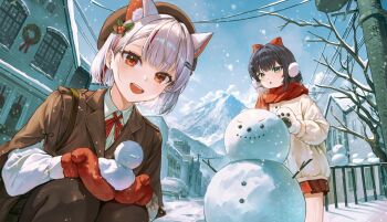 2girls :d :o animal_ear_fluff animal_ears aqua_eyes bare_tree beret bird black_hair blue_sky bob_cut breath brown_hair brown_hat building car cat_ears coat collared_shirt day duck earmuffs grey_hair hair_ornament hashtag-only_commentary hat highres holding lapels layered_sleeves long_sleeves looking_at_viewer miniskirt mittens motor_vehicle mountain multiple_girls neck_ribbon neneko_mashiro notched_lapels open_mouth outdoors parted_bangs parted_lips pleated_skirt power_lines red_eyes red_ribbon red_scarf red_skirt ribbon scarf shirayuki_hina shirt short_hair short_over_long_sleeves short_sleeves skirt sky smile snow snowing snowman stellive town tree utility_pole virtual_youtuber white_shirt wing_collar winter winter_clothes wreath yellow_coat yulmu1005