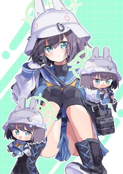 3girls :d black_gloves black_hair black_shoes blue_archive blue_sailor_collar blue_serafuku blue_shirt blue_skirt chibi chibi_inset combat_helmet commentary_request gloves green_eyes green_halo grid_background hair_between_eyes halo helmet highres knee_pads knees_up long_sleeves looking_at_viewer multiple_girls nyou_0 open_mouth pleated_skirt sailor_collar saki_(blue_archive) school_uniform serafuku shirt shoes simple_background skirt smile sweatdrop
