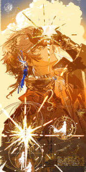 1boy abstract arknights choker cloud english_text expressionless hand_on_own_face head_back highres looking_up lyylinkong male_focus monochrome ponytail popped_collar profile short_hair solo spot_color thorns_(arknights) thorns_the_lodestar_(arknights) yellow_theme