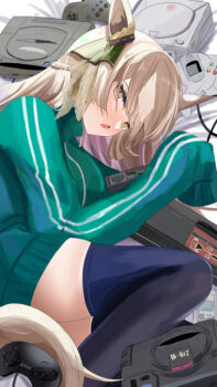 Rule 34 | 1girl, absurdres, animal ears, blue thighhighs, braid, brown eyes, brown hair, commentary, controller, ear ornament, eyes visible through hair, game console, game controller, half up braid, highres, horse ears, horse girl, horse tail, jacket, kirameki (rikukaikuu), light brown hair, long sleeves, looking at viewer, multicolored hair, on bed, satono diamond (umamusume), sega, sega dreamcast, sega master system, sega mega drive, sega saturn, sleeves past fingers, sleeves past wrists, solo, tail, thighhighs, track jacket, two-tone hair, umamusume