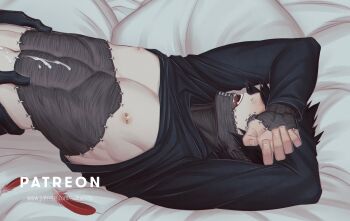 2boys bed black_hair boku_no_hero_academia burn_scar clothes_lift cum cum_on_body cum_on_stomach dabi_(boku_no_hero_academia) fingernails hand_on_another&#039;s_hip hawks_(boku_no_hero_academia) highres hood hoodie long_sleeves lying male_focus multiple_boys nipple_bar nipple_piercing nipples on_back on_bed open_mouth out_of_frame paid_reward_available patreon_username piercing saika076 scar scar_on_face scar_on_shoulder scar_on_stomach shirt_lift short_hair solo_focus spiked_hair stapled teeth tongue upper_body yaoi