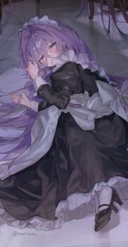 1girl ahoge apron back_bow black_dress black_shoes blush bow commentary dress frilled_apron frills full_body funa_(sakana) hair_between_eyes half-closed_eyes high_heels highres hunae_(funa_(sakana)) long_hair long_sleeves lying maid on_side original pink_eyes puffy_sleeves purple_hair shoes socks symbol-only_commentary twitter_username very_long_hair white_bow white_socks