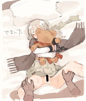 Rule 34 | 1boy, 1girl, censored, chain, chained wrists, closed eyes, clothes lift, cuffs, faceless, faceless male, hands on another's thighs, hugging object, imminent penetration, imminent rape, leg up, lying, on back, on bed, original, panties, pov, pov hands, scared, shackles, shawl, stuffed animal, stuffed toy, sweat, tearing up, tears, teddy bear, thigh grab, underwear, yamashitakotase