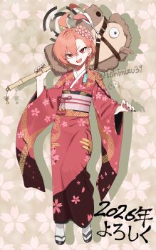 1girl absurdres alternate_costume black_halo black_nails blue_archive braid chinese_zodiac commentary_request earrings floral_print floral_print_kimono furisode hair_between_eyes halo highres holding holding_weapon japanese_clothes jewelry jjigong_chigon kimono looking_at_viewer mole mole_under_eye neru_(blue_archive) obi pink_sash print_kimono red_eyes red_hair red_kimono sandals sash short_hair single_braid solo stud_earrings tabi weapon wide_sleeves year_of_the_horse