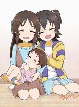 1boy 2girls :d ^_^ aayh akagi_miria baby black_hair blue_shirt blue_skirt blush brown_dress brown_hair closed_eyes commentary_request dress idolmaster idolmaster_cinderella_girls idolmaster_cinderella_girls_u149 indoors jacket long_sleeves multiple_girls no_shoes on_floor onesie open_clothes open_jacket open_mouth puffy_long_sleeves puffy_sleeves seiza shirt signature sitting skirt sleeveless sleeveless_dress smile socks tachibana_arisu two_side_up white_shirt white_socks yellow_jacket