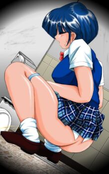 1girl artist_request ass blue_hair blue_panties blue_skirt blue_sweater_vest blush bow bowtie breasts brown_shoes closed_eyes dutch_angle female_focus from_behind game_cg large_breasts nikukyuu_(company) open_mouth panties panty_pull peeing plaid_clothes plaid_skirt public_restroom red_bow red_bowtie school_uniform shirt shoes short_hair short_sleeves skirt socks solo squat_toilet squatting sweat sweater_vest takahashi_youko_(tsuisekisha) toilet toilet_paper toilet_stall toilet_use trash_can tsusekisha_~stalker~ underwear white_shirt white_socks