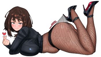 1girl ass boku_no_hero_academia brown_eyes brown_hair closed_mouth female_focus fishnet_pantyhose fishnets heart high_heels huge_ass looking_at_viewer loopvoid lying matching_hair/eyes on_stomach pantyhose short_hair sidelocks smile solo thick_thighs thighs uraraka_ochako