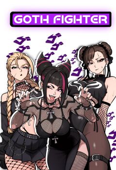 absurdres ankh ankh_necklace arm_tattoo arms_behind_back bare_shoulders belt belt_collar black_belt black_corset black_eyeliner black_hair black_lips black_nails black_ribbon black_shirt black_skirt blonde_hair blue_eyes bracelet braid braided_spikes breasts brown_eyes brown_hair cammy_white capcom chain character_name chest_tattoo chun-li claw_pose cleavage clothes_writing collar commentary corset crop_top crop_top_overhang cross cross_earrings double_bun ear_piercing earrings elbow_gloves english_commentary english_text eyebrow_piercing eyeliner face_piercing facial_scar facing_viewer fingernails fishnet_gloves fishnet_pantyhose fishnet_thighhighs fishnet_top fishnets gloves goth_fashion hair_between_eyes hair_bun hair_horns hair_ribbon halterneck han_juri highres jewelry leaning_forward long_hair long_sleeves looking_at_viewer makeup mascara menacing_(jojo) midriff miniskirt multicolored_hair navel no_panties off_shoulder one_eye_closed open_hands outline outstretched_arms panty_straps pantyhose pelvic_curtain piercing pink_hair pleated_skirt purple_eyes reaching reaching_towards_viewer red_lips redpostit ribbon scar scar_on_cheek scar_on_face scowl shirt short_hair shoulder_spikes side_slit single_bare_shoulder skirt sleeves_past_fingers sleeves_past_wrists speech_bubble sphere_earrings spider_tattoo spiked_belt spiked_bracelet spiked_collar spiked_ear_piercing spiked_hair_ornament spikes street_fighter stud_earrings sweat tattoo thick_thighs thigh_belt thigh_strap thighhighs thighs thought_bubble tongue tongue_piercing twin_braids twitter_strip_game two-tone_hair white_background white_outline