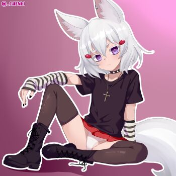 1girl absurdres animal_ears artist_name black_boots black_nails black_shirt black_thighhighs boots chenki_(chenki) collar commentary cross detached_sleeves english_commentary fox_ears fox_girl fox_tail highres looking_at_viewer medium_hair miniskirt nail_polish panties pantyshot phase_connect purple_background purple_eyes red_skirt shirt shoelaces short_sleeves simple_background sitting skirt sleeves_past_wrists solo spiked_collar spikes striped_sleeves tail tenma_maemi thick_eyebrows thick_eyelashes thighhighs twitter_username underwear white_background white_hair white_panties