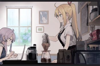 2girls ahoge apron bag black_apron blonde_hair cafe coffee_filter coffee_pot commentary computer framed_image from_side green_eyes guitar hair_tubes hitogome holding holding_kettle indoors instrument kettle laptop long_hair menu_board multiple_girls open_mouth ponytail pot pouring purple_eyes purple_hair shelf shirt short_hair_with_long_locks short_sleeves sidelocks sitting slice_of_life standing tsurumaki_maki upper_body vocaloid voiceroid waitress white_shirt window yuzuki_yukari