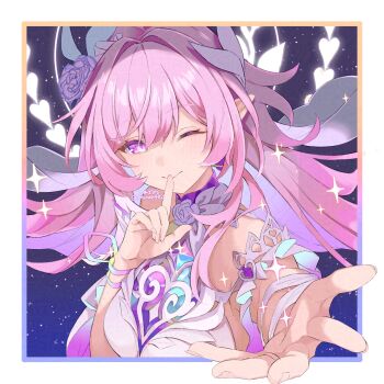 1girl breasts commentary_request cyrene_(honkai:_star_rail) cyrene_(ripples_of_past_reverie)_(honkai:_star_rail) diamond-shaped_pupils diamond_(shape) dress flower hair_flower hair_ornament honkai:_star_rail honkai_(series) index_finger_raised looking_at_viewer medium_breasts one_eye_closed pink_hair purple_eyes reaching reaching_towards_viewer shimaa482 sleeveless sleeveless_dress solo symbol-shaped_pupils upper_body white_dress