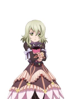 Rule 34 | 1girl, artist request, black boots, blonde hair, boots, bow, commentary, cowboy shot, creature, cropped jacket, doll, dress, elize lutus, frills, game cg, green eyes, holding, holding creature, holding doll, jewelry, looking at viewer, medium hair, official art, open mouth, pendant, purple bow, purple dress, purple ribbon, ribbon, solo, standing, tales of (series), tales of asteria, tales of xillia, teepo (tales), third-party source, transparent background