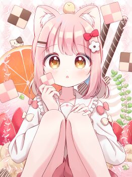1girl :o absurdres animal animal_ear_fluff animal_ears animal_on_head baby_animal bird bird_on_head blush bow cat_ears cat_girl checkerboard_cookie chick commentary_request cookie dot_nose feet_out_of_frame food fruit hair_bow hair_ornament hairclip haruiroha highres holding holding_cookie holding_food long_sleeves looking_at_viewer on_head open_mouth orange_(fruit) orange_slice original parallel_hairclips pink_hair pink_shorts red_bow shirt short_hair shorts sitting solo strawberry twitter_username wafer_stick white_shirt yellow_eyes