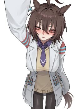 1girl absurdres agnes_tachyon_(tach-nology)_(umamusume) agnes_tachyon_(umamusume) animal_ears arm_up black_necktie black_pantyhose black_shirt blush breasts brown_hair chemical_structure cork ear_ornament earrings hair_between_eyes hanging_breasts highres horse_ears horse_girl horse_tail incoming_headpat jewelry lab_coat large_breasts long_sleeves necktie open_mouth pantyhose red_eyes shirt short_hair simple_background single_earring sleeves_past_fingers sleeves_past_wrists solo sweater tail test_tube tyrezal umamusume variant_set white_background wide_sleeves yellow_sweater