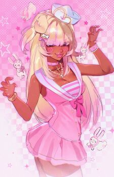 1girl :p aegyo_sal ahoge animal_ears artist_name blonde_hair bone_hair_ornament bow bracelet breasts brown_eyes checkered_background choker chromatic_aberration claw_pose cleavage collar commentary cowboy_shot cross cross_choker dark-skinned_female dark_skin dixie_cup_hat dog_ears dress dress_bow english_commentary eyelashes eyes_visible_through_hair face_piercing film_grain fingernails floating_animal floppy_ears gold_bracelet gold_buttons gold_piercing gradient_background gradient_hair hair_bow hair_ornament hair_over_eyes halftone hat heart heart_ahoge highres jewelry lipstick long_fingernails long_hair looking_at_viewer makeup medium_breasts milestone_celebration military_hat misa_(noisykoala) mouth_piercing multicolored_hair nail_polish necklace noisykoala original pearl_bracelet pearl_necklace piercing pink_background pink_bow pink_choker pink_dress pink_lips pink_nails pink_streaks pink_theme ring_piercing sailor_collar short_dress sketch skull_necklace sleeveless sleeveless_dress sparkle_background spiked_bracelet spiked_choker spikes star_(symbol) straight_hair streaked_hair thick_lips thighhighs tongue tongue_out two-tone_background two-tone_hair two_side_up v-shaped_eyebrows white_background white_collar white_hat white_rabbit_(animal) white_thighhighs