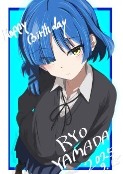 Rule 34 | 1girl, absurdres, black jacket, black ribbon, black skirt, black thighhighs, blunt bangs, bocchi the rock!, brown shoes, citronroll, closed mouth, collared shirt, commentary request, eyes visible through hair, foot out of frame, foreshortening, hair ornament, hand in pocket, happy birthday, head tilt, highres, jacket, light blush, looking at viewer, mole, mole under eye, neck ribbon, pleated skirt, ribbon, shirt, shoes, skirt, solo, standing, thighhighs, white shirt, yamada ryo