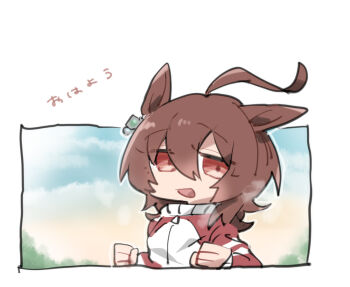 1girl agnes_tachyon_(umamusume) ahoge animal_ears beer_hsk blue_sky brown_hair chibi cloud day horse_ears jacket open_mouth red_eyes red_jacket sky solo track_jacket translation_request umamusume upper_body