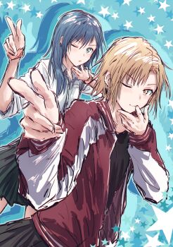 2girls ;) asahi_rokka bang_dream! bang_dream!_girls_band_party! black_shirt black_skirt blonde_hair blue_background blue_hair closed_mouth collared_shirt commentary cowboy_shot drop_shadow green_eyes highres jacket jujutsu_kaisen long_hair long_sleeves looking_at_viewer miniskirt multiple_girls one_eye_closed open_clothes open_jacket parody parted_lips pleated_skirt red_jacket sato_masuki shirt short_hair skirt sleeves_pushed_up smile star_(symbol) v-shaped_eyebrows white_shirt yellow_eyes yukitake_(bullfalk)