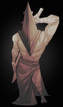 Rule 34 | 1boy, absurdres, bara, commentary, contrapposto, facing viewer, full body, highres, male focus, muscular, muscular male, nekron171106, object head, pyramid head, silent hill (series), solo, topless male, weapon, weapon on back