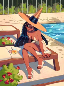 1girl bare_legs bare_shoulders black_hair breasts bush cleavage dark-skinned_female dark_skin day dress drink flower friedbaens full_body glasses hat highres long_hair original outdoors pool poolside round_eyewear sandals shoes sitting smile solo toes witch_hat