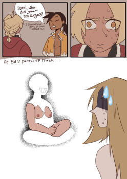 Rule 34 | 2girls, edward elric, english text, eyes visible through hair, fullmetal alchemist, gender transitioning, genderswap, genderswap (mtf), ling yao, multiple girls, nipples, sweat, tagme, the-devil-is-dead, top surgery