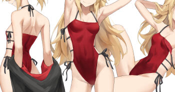 1girl alternate_hairstyle armpits arms_up black_jacket blonde_hair breasts closed_mouth commentary covered_navel cowboy_shot eyes_out_of_frame fate_(series) fluffy_hair grin hair_down head_out_of_frame highres jacket jacket_partially_removed long_hair medium_breasts mordred_(fate) mordred_(fate/apocrypha) multiple_views one-piece_swimsuit reclining red_one-piece_swimsuit side-tie_one-piece_swimsuit sideless_outfit sideless_swimsuit simple_background smile standing strap_slip swimsuit symbol-only_commentary tonee white_background