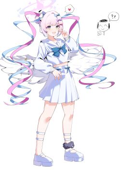 1girl ? ?? absurdres angel_wings doodle_sensei_(blue_archive) blue_archive blue_bow blue_footwear blue_hair blue_shirt blue_skirt bow chouzetsusaikawa_tenshi-chan chouzetsusaikawa_tenshi-chan_(cosplay) closed_eyes commentary cosplay crescent full_body hair_bow hair_bun halo heart highres long_hair long_sleeves looking_at_viewer low_wings mika_(blue_archive) multicolored_hair needy_girl_overdose open_mouth pink_bow pink_hair platform_footwear pleated_skirt plentyofempty purple_bow quad_tails sailor_collar school_uniform sensei_(blue_archive) serafuku shirt simple_background single_side_bun skirt smile solo speech_bubble spoken_heart standing symbol-only_commentary twintails v very_long_hair white_background wings yellow_eyes