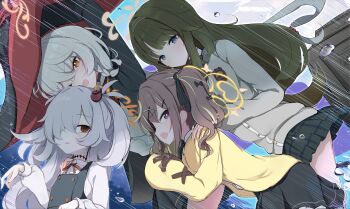 4girls absurdres black_skirt blue_archive blue_eyes braid brown_hair cardigan eri_(blue_archive) green_hair grey_hair hair_ornament hair_over_one_eye halo hat highres kanoe_(blue_archive) long_hair long_sleeves looking_at_viewer multiple_girls neck_ribbon one_eye_closed open_mouth pleated_skirt purple_eyes rain red_eyes rena_(blue_archive) ribbon sakurano_rocco shirt skirt tsumugi_(blue_archive) twintails white_hair white_shirt witch_hat yellow_halo