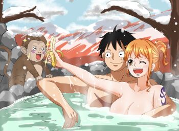1boy 1girl banana bath bathing breasts cleavage couple cuddling curvy food fruit highres large_breasts monkey monkey_d._luffy muscular muscular_male nami_(one_piece) nude one_eye_closed one_piece onsen rpca_sho scar smile snow tattoo tree