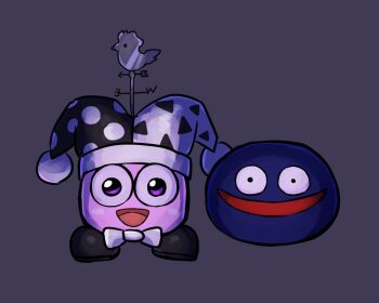 2boys colored_skin evil_smile gooey_(kirby) hat jester_cap kasugai_(de-tteiu) kirby_(series) kirby_air_ride kirby_air_riders looking_at_viewer marx_(kirby) multiple_boys nintendo no_humans open_mouth palette_swap purple_eyes purple_skin small_pupils smile weather_vane