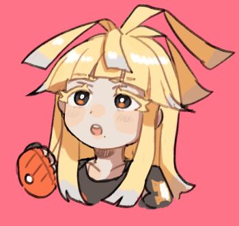 1boy :o blonde_hair clenched_hand colored_eyelashes commentary cropped_torso fingerless_gloves gloves highres ivor_(pokemon) long_hair male_focus mole mole_under_mouth nintendo open_mouth pokemon pokemon_legends:_z-a red_background solo symbol-only_commentary teeth umeno_emm upper_body upper_teeth_only