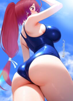 1girl ahoge arm_up armpits artist_name ass ass_focus back blue_one-piece_swimsuit blue_sky breasts commentary_request cowboy_shot day dorachan_r from_below hair_ribbon highres i-168_(kancolle) kantai_collection large_breasts long_hair low-tied_long_hair one-piece_swimsuit outdoors red_eyes red_hair ribbon school_swimsuit sky solo sunlight swimsuit twitter_username very_long_hair white_ribbon