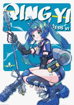 1girl :3 android black_gloves black_hair blush character_name fingerless_gloves gloves green_eyes green_hair hair_ornament highres holding long_hair looking_at_viewer multiple_girls police qingyi_(zenless_zone_zero) shorts sidelocks solo sphere_hair_ornament twintails umikawak3_1 zenless_zone_zero