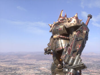 3d blender_(medium) blue_sky cable cityscape cloud commentary concept_art damaged dirty emblem english_commentary fusion gatling_gun glowing glowing_eye gouf gouf_custom gun gundam highres hose machine_gun machinery mecha mecha_focus mobile_suit mountainous_horizon no_humans one-eyed original photo_background radio_antenna ray_tang realistic red_eyes redesign robot roundel rust science_fiction shield shoulder_spikes sky spikes sword tube weapon zaku_ii zeon