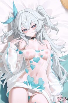 1girl abpart bare_shoulders blue_eyes blue_nails blue_ribbon breasts commentary_request dakimakura_(medium) florence_(girls'_frontline_2) girls'_frontline girls'_frontline_2:_exilium heart heart-shaped_pupils heart_print highres long_hair looking_at_viewer nipples no_bra official_alternate_costume pa-15_(girls'_frontline) pa-15_(marvelous_yam_pastry)_(girls'_frontline) panties ribbon see-through_clothes smile symbol-shaped_pupils underwear white_panties
