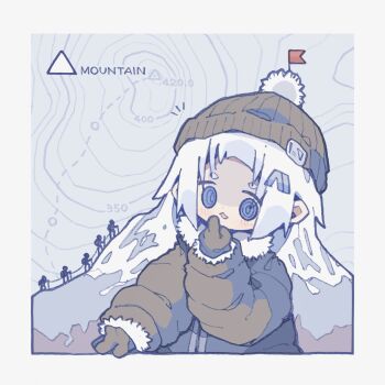 1girl 5others :3 ambiguous_gender beanie blue_eyes blush border brown_gloves brown_hat brown_jacket commentary_request down_jacket elevation_contour_lines finger_to_mouth flag gloves grey_hair hair_ornament hairclip hat highres hikimayu index_finger_raised jacket long_hair long_sleeves looking_at_another map map_background mountain mountain_climbing multicolored_hair multiple_others nikamoka no_sclera notice_lines open_mouth original personification pom_pom_(clothes) pom_pom_beanie ringed_eyes silhouette topographic_map upper_body white_border white_hair