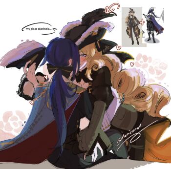 1aoisora1 2girls black_dress black_hat black_pants blonde_hair blue_eyes blush clorinde_(genshin_impact) commentary curly_hair dress elbow_gloves english_commentary genshin_impact gloves hat hat_feather highres long_hair multiple_girls navia_(genshin_impact) official_art_inset pants purple_hair smile white_gloves yuri