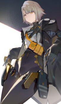 Rule 34 | 1girl, absurdres, ammunition pouch, belt, black bodysuit, black gloves, black pantyhose, blonde hair, bodysuit, bodysuit under clothes, breasts, brown eyes, girls' frontline, girls' frontline 2: exilium, gloves, highres, hood, hooded jacket, jacket, pantyhose, pouch, ren huozhe, short hair, small breasts, solo, standing, thigh strap, vector (girls' frontline)