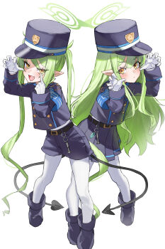2girls :d absurdres akanbe armband belt black_belt black_hat black_shorts black_skirt black_tail blue_archive blue_armband boots buttons byou_(vfyk8337) commentary demon_tail double-breasted expressionless eyelid_pull fang full_body gloves green_hair green_halo halo hat highres hikari_(blue_archive) long_hair long_sleeves making_faces multiple_girls nozomi_(blue_archive) open_mouth pantyhose peaked_cap pleated_skirt pointy_ears shorts siblings sidelocks simple_background sisters skin_fang skirt smile tail taunting tongue tongue_out twins twintails white_background white_gloves white_pantyhose yellow_eyes