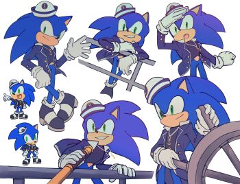 1boy alternate_costume anchor_symbol animal_ears blue_coat blue_fur chibi chibi_inset coat furry furry_male gloves green_eyes grin hat hedgehog_boy highres holding holding_telescope jacket multiple_views railing sailor_hat ship&#039;s_wheel smile solo sonic_(series) sonic_the_hedgehog telescope zanthi_aaan