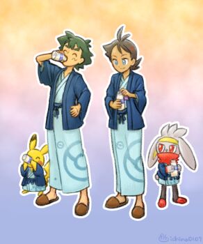 2boys antenna_hair ash_ketchum blue_eyes blue_jacket bottle brown_footwear brown_hair closed_eyes closed_mouth commentary_request drinking gen_1_pokemon gen_8_pokemon goh_(pokemon) green_hair hand_up highres holding holding_bottle ichina0107 jacket long_sleeves male_focus multiple_boys nintendo outline pikachu poke_ball_print pokemon pokemon_(anime) pokemon_(creature) pokemon_journeys raboot sash short_hair slippers smile twitter_username