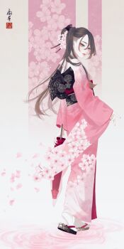 1girl absurdres black_sash brown_hair cherry_blossom_print cherry_blossoms closed_umbrella eyelashes eyeshadow floral_background floral_print floral_print_kimono floral_print_sash flower full_body hair_flower hair_ornament heel_up highres holding holding_umbrella japanese_clothes kimono lips long_hair long_sleeves makeup nail_polish obi oil-paper_umbrella original pink_flower pink_kimono print_kimono red_nails ripples sandals sash seal_impression signature socks solo standing umbrella ushiyama_ame white_socks wide_sleeves zouri