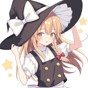1girl blush hair_ribbon hat highres kirisame_marisa open_mouth red_ribbon ribbon setteiset shirt short_sleeves solo star_(symbol) touhou white_background white_ribbon white_shirt witch yellow_eyes