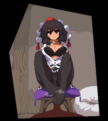 1boy 1girl animated belt black_belt black_bra black_hair black_pantyhose black_skirt blush bouncing_breasts bra breasts breasts_out cleavage clothed_female_nude_male collared_shirt dark-skinned_male dark_skin feet footjob footjob_with_legwear frilled_skirt frills hat hetero large_breasts leaf_print looking_at_viewer namako_daibakuhatsu nude panties panties_under_pantyhose pantyhose partially_unbuttoned penis pillow pixel_art pom_pom_(clothes) pov puffy_short_sleeves puffy_sleeves red_eyes shameimaru_aya shirt short_hair short_sleeves sitting skirt smile stool thighband_pantyhose thighs tokin_hat touhou two-footed_footjob underwear video white_shirt
