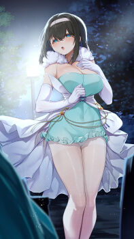 Rule 34 | 1girl, :o, aqua panties, black hair, blue eyes, blush, breasts, cleavage, commentary request, covered navel, dress, elbow gloves, gloves, green dress, hairband, highres, idolmaster, idolmaster cinderella girls, lamppost, large breasts, long hair, mk (mod0), night, open mouth, outdoors, panties, panties under pantyhose, pantyhose, sagisawa fumika, sidelocks, solo, standing, tree, two-tone dress, underwear, white dress, white gloves, white hairband, white pantyhose