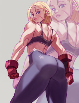 Rule 34 | 1girl, ass, bare shoulders, blonde hair, blue eyes, cammy white, dlusionalx, fingerless gloves, from behind, gloves, lips, looking back, muscular, muscular female, pants, scar, scar on face, short hair, sleeveless, street fighter, street fighter 6