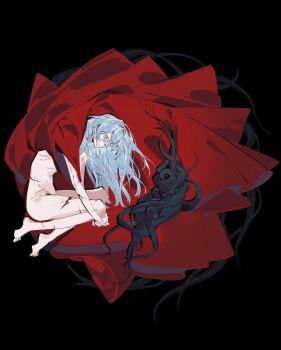 Rule 34 | 1girl, acell1224, cape, completely nude, full body, highres, hollow knight, hollow knight: silksong, hornet (hollow knight), hugging own legs, knees up, nude, personification, plant roots, red cape, scar, scar on arm, scar on leg, solo, stitches, twisted bud (hollow knight), white eyes, white hair