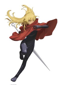 1girl black_bodysuit blonde_hair bodysuit cloak commentary commission cosplay floating_hair full_body highres holding holding_weapon hornet_(hollow_knight) hornet_(hollow_knight)_(cosplay) long_hair needle_sword red_cloak shokuhou_misaki solo star-shaped_pupils star_(symbol) symbol-shaped_pupils tatararashi toaru_kagaku_no_mental_out toaru_kagaku_no_railgun toaru_majutsu_no_index weapon white_background yellow_eyes